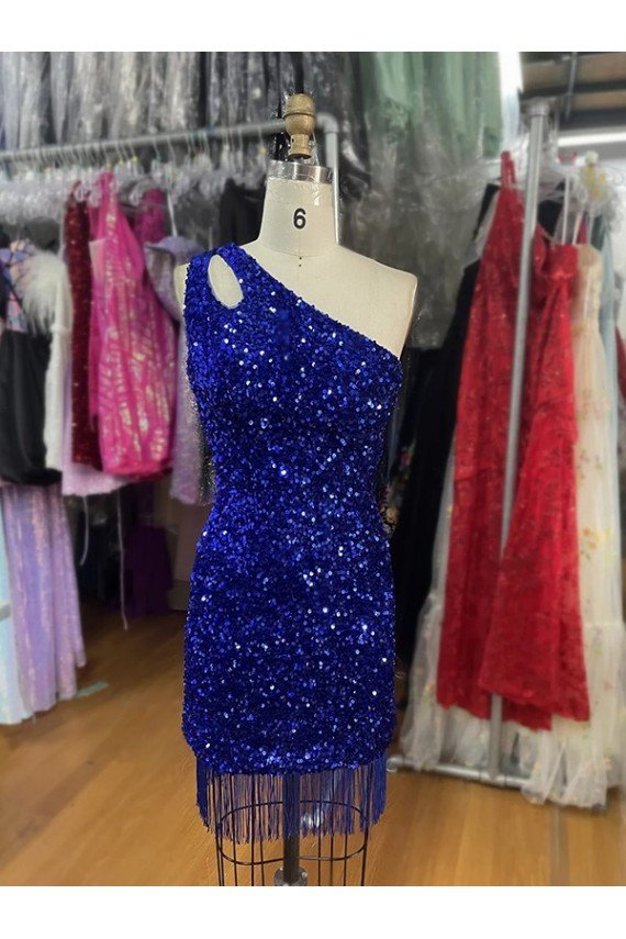 One Shoulder Keyhole Sleeveless Short Velvet Sequin Prom Dress UK