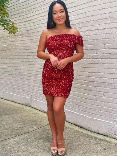 Short One Shoulder Sleeveless Velvet Sequin Cocktail Prom Dress UK