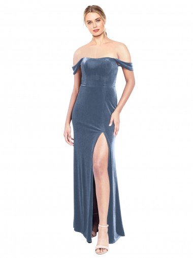 Draped Sleeves Wide Scoop Neck Off the Shoulder Velvet Prom Dress UK