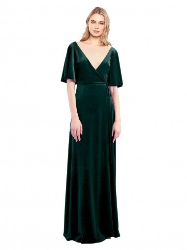 Deep V-Neck Flutter Sleeves Long Velvet Wrap Prom Dress UK