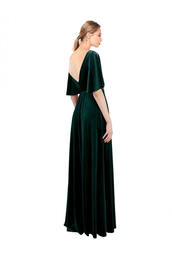 Deep V-Neck Flutter Sleeves Long Velvet Wrap Prom Dress UK