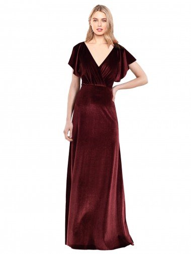 Flutter Sleeves Open Back Long Velvet Prom Dress UK