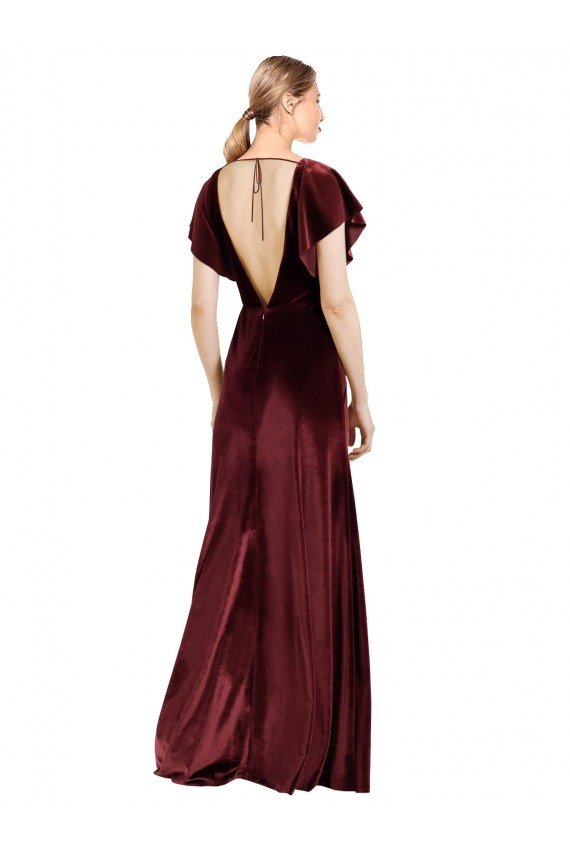 Flutter Sleeves Open Back Long Velvet Prom Dress UK