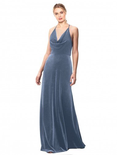 Halter Cowl Neck Long A-Line Velvet Prom Dress with Keyhole Back UK