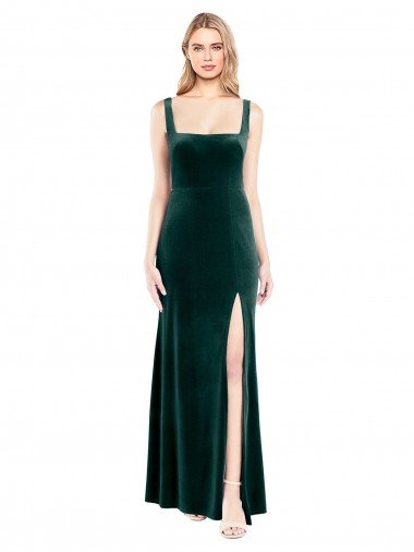 Square Neck Full Length Velvet Prom Dress with Side Slit UK