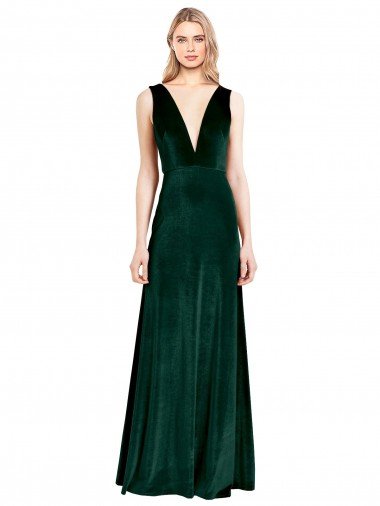 Daring Deep V-Neck Long Full Length Velvet Prom Dress UK