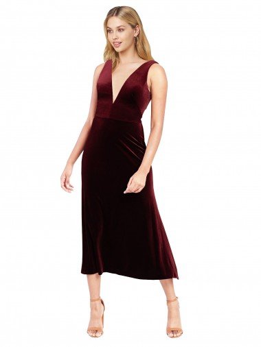 Daring Plunging V-Neckline Short Midi Length Velvet Cocktail Prom Dress / Homecoming Dress UK