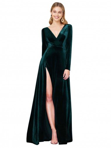 Deep V-Neck Long Sleeves Velvet Prom Dress with High Side Split UK