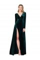 Deep V-Neck Long Sleeves Velvet Prom Dress with High Side Split UK