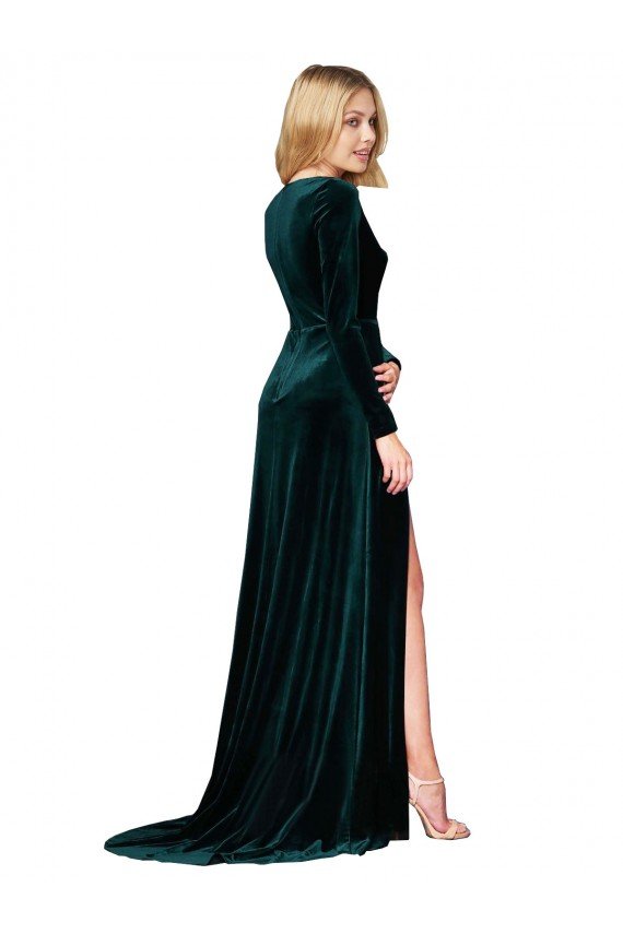 Deep V-Neck Long Sleeves Velvet Prom Dress with High Side Split UK