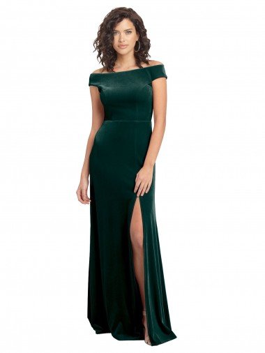 Floor Length Cap Sleeves Long Velvet Prom Dress with High Side Slit UK