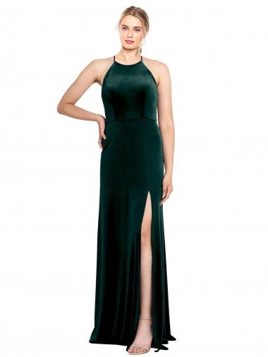 Long Jewel Neck Full Length Velvet Prom Dress with Side Slit UK