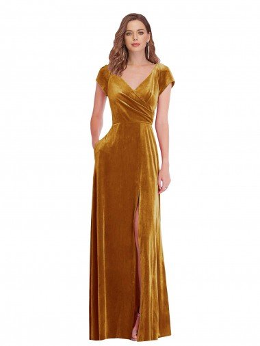 Cap Sleeve Faux Wrap Velvet Maxi Prom Dress with Pockets UK