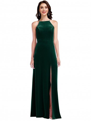 Velvet Halter Maxi Prom Dress with Front Slit & Pockets UK