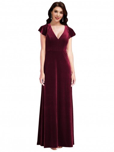 Flutter Sleeve Velvet Maxi Prom Dress with Pockets UK