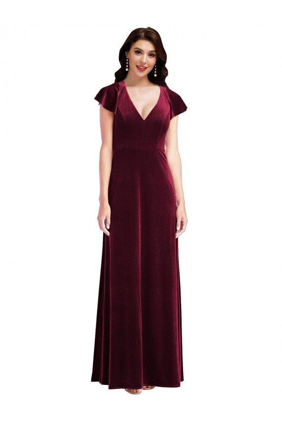 Flutter Sleeve Velvet Maxi Prom Dress with Pockets UK