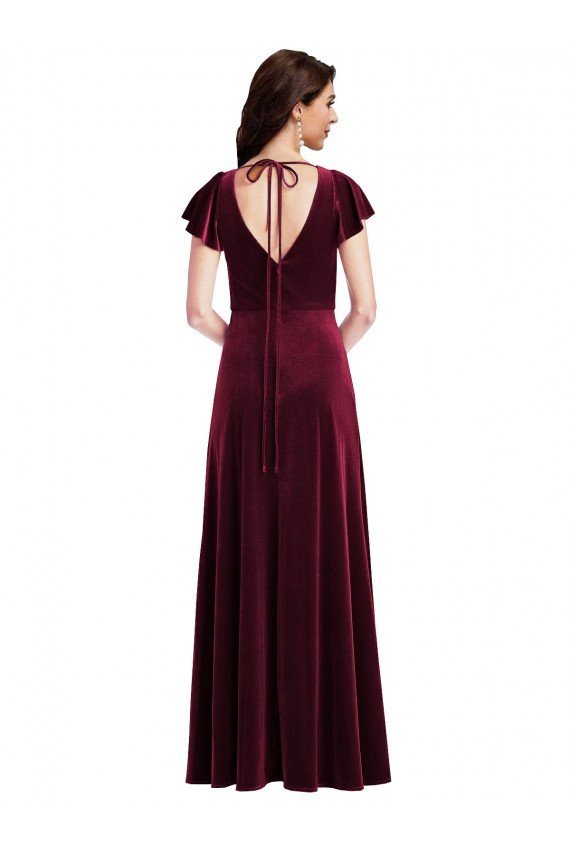 Flutter Sleeve Velvet Maxi Prom Dress with Pockets UK