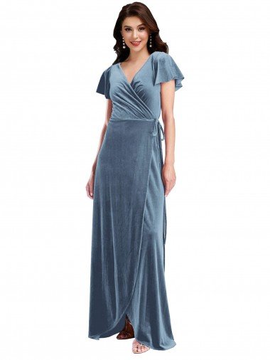 Flutter Sleeve Velvet Wrap Maxi Prom Dress with Pockets UK