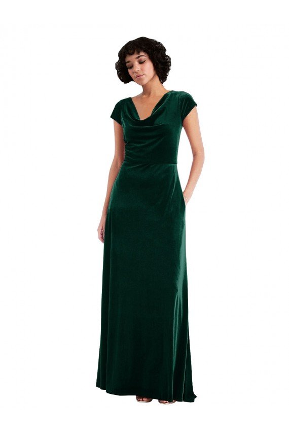 Cowl Neck Cap Sleeve Velvet Maxi Prom Dress with Pockets UK