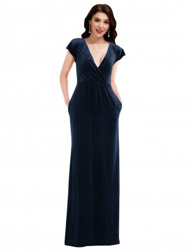 Flutter Sleeve Wrap Bodice Velvet Maxi Prom Dress with Pockets UK