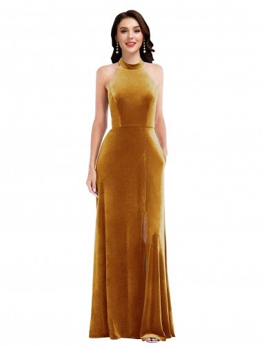 High-Neck Halter Velvet Maxi Prom Dress with Front Slit UK