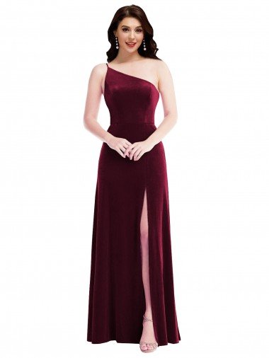 One Shoulder Spaghetti Strap Velvet Maxi Prom Dress with Pockets UK