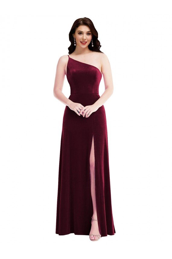 One Shoulder Spaghetti Strap Velvet Maxi Prom Dress with Pockets UK