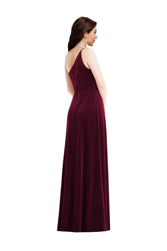 One Shoulder Spaghetti Strap Velvet Maxi Prom Dress with Pockets UK