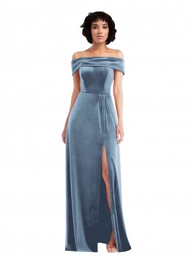 Draped Cuff Off the Shoulder Velvet Maxi Prom Dress with Pockets UK