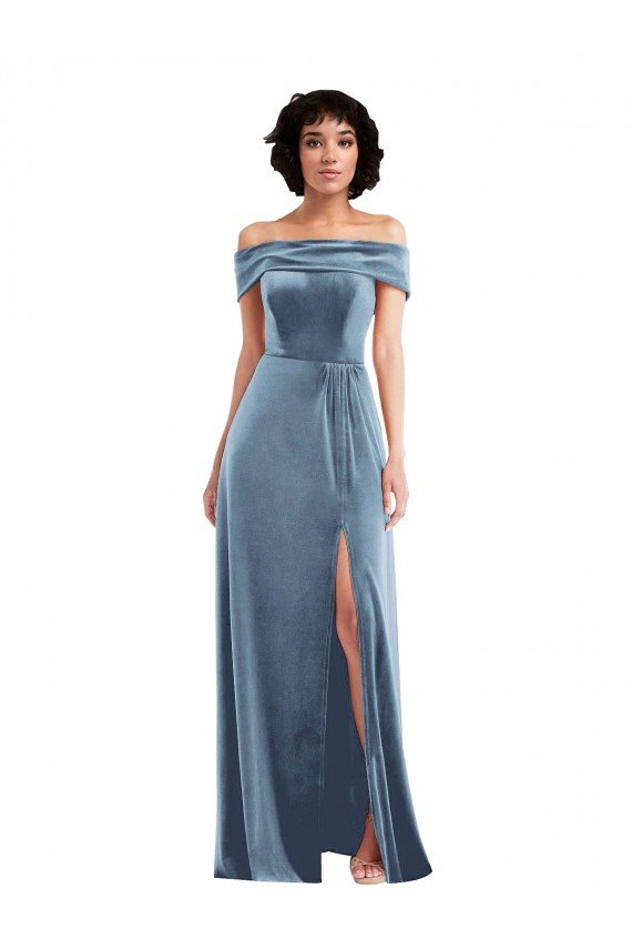 Draped Cuff Off the Shoulder Velvet Maxi Prom Dress with Pockets UK