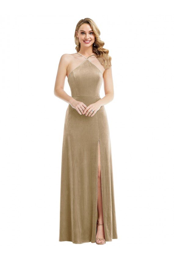 High Neck Halter Open Back Long Velvet Maxi Prom Dress with Pockets UK