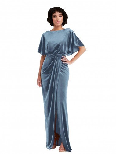 Flutter Sleeve Open Back Velvet Maxi Prom Dress with Pockets & Draped Wrap Skirt UK