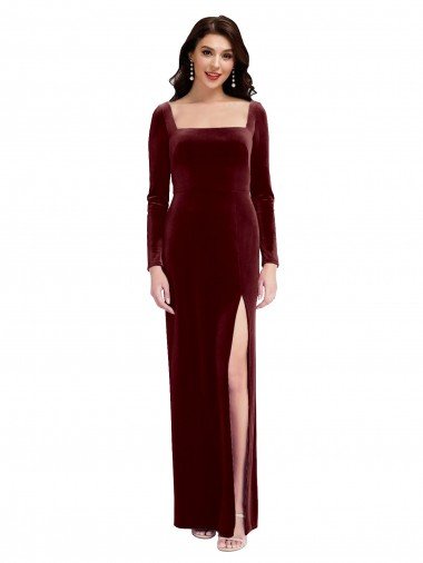 Sleek Square Neck Spaghetti Straps Velvet Prom Dress with Side Slit UK