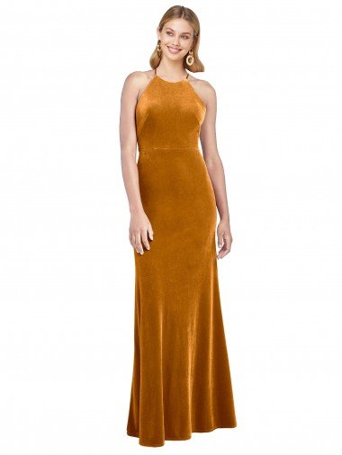 Halter Neckline Long Full Length Velvet Prom Dress with Strappy Back UK