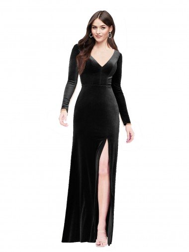 Long Sleeves Velvet Prom Dress with V-Neckline and Thigh Slit UK