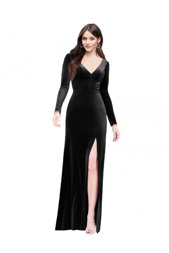 Long Sleeves Velvet Prom Dress with V-Neckline and Thigh Slit UK