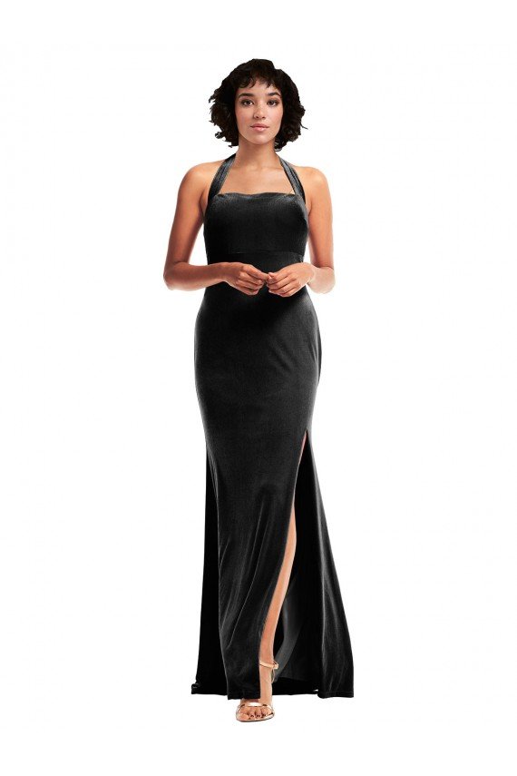 Empire Waist Stretch Velvet Prom Dress with Halter Strap UK