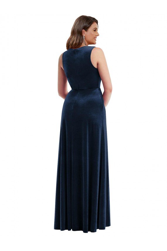 Deep V-Neck Sleeveless Velvet Maxi Prom Dress with Pockets UK