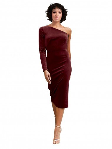 One Shoulder Fitted Short Midi Length Velvet Prom Dress UK