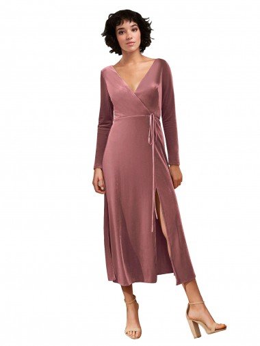 Long Sleeve Velvet Faux Wrap Midi Length Prom Dress UK