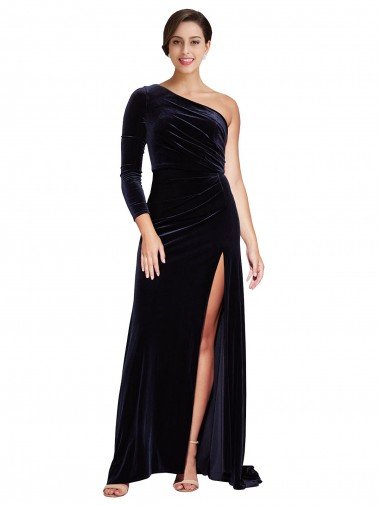 One Sleeve Long Velvet Prom Dress with Thigh High Split UK