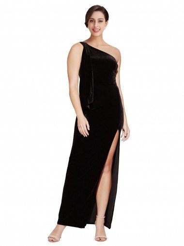 One Shoulder Long Velvet Prom Dress with Side Split and Shoulder Tie UK