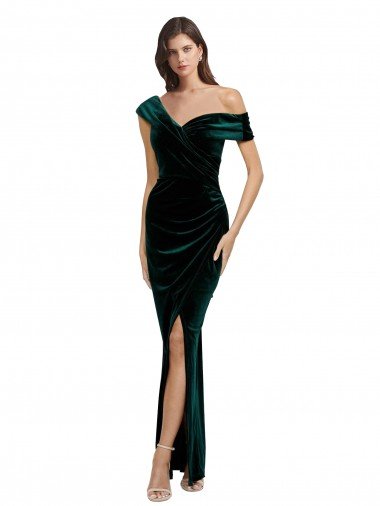 Long Asymmetric Neckline Ruched Velvet Prom Dress UK