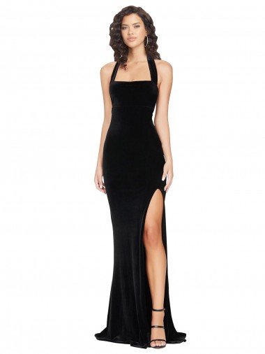 Halter Neck Wide Straps Long Velvet Prom Dress with Side Split UK